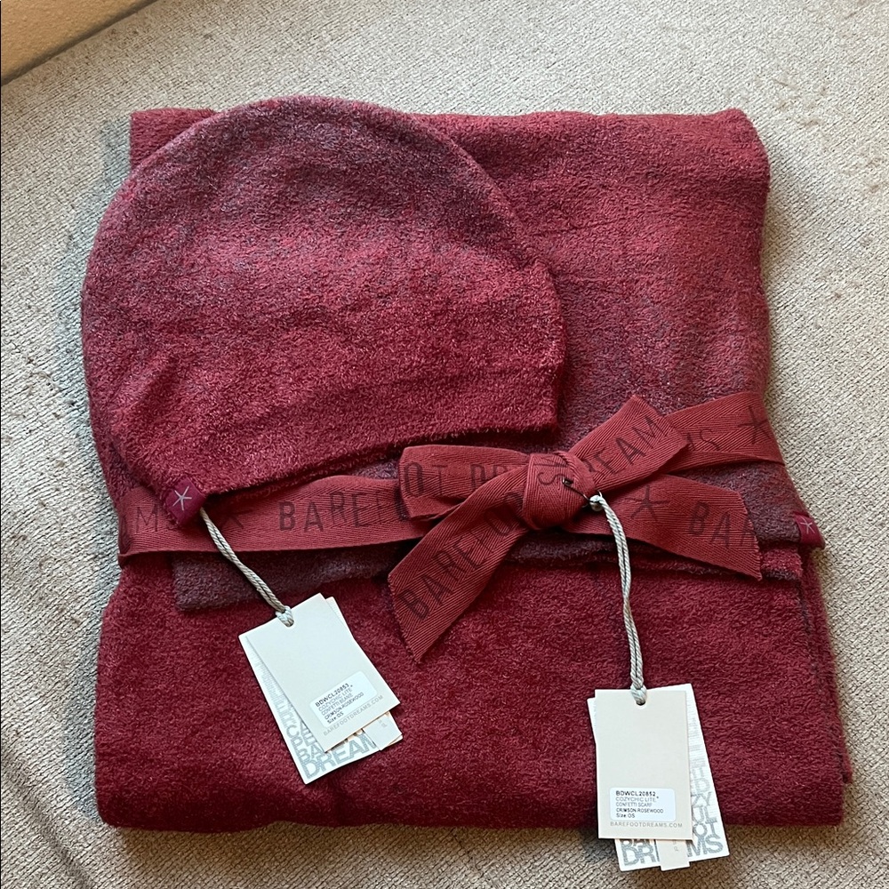 Barefoot Dreams Burgundy Scarf and Beanie Set
